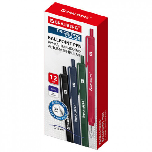 Ручка шариковая автоматическая BRAUBERG TRIOS PRO COLOR, СИНЯЯ, трехгранный корпус, пишущий узел 0,5 мм, линия письма 0,35 мм, 144464