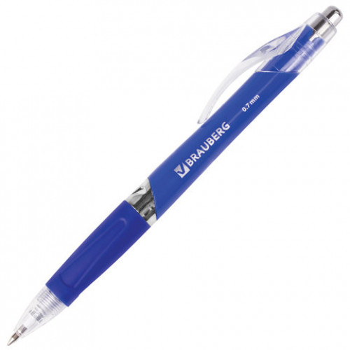 Ручка шариковая автоматическая с грипом BRAUBERG Rave, СИНЯЯ, корпус синий, узел 0,7 мм, линия письма 0,35 мм, 141068