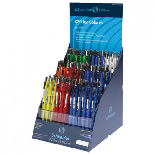Ручки в ДИСПЛЕЕ шариковые автоматические SCHNEIDER K20 Icy Colours, КОМПЛЕКТ 100 шт., СИНИЕ, узел 1 мм, 304262