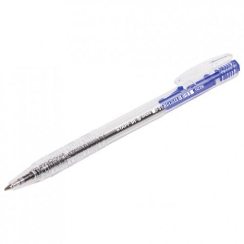 Ручка шариковая автоматическая STAFF Basic, СИНЯЯ, корпус прозрачный, узел 0,7 мм, линия письма 0,35 мм, 142396