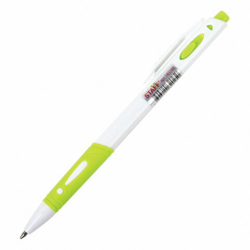 Ручка шариковая автоматическая с грипом STAFF BP-16 White, СИНЯЯ, ассорти, линия письма 0,35 мм, 143749