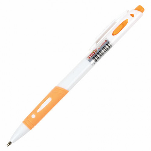 Ручка шариковая автоматическая с грипом STAFF BP-16 White, СИНЯЯ, ассорти, линия письма 0,35 мм, 143749