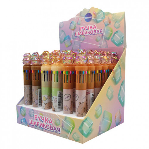 Ручка многоцветная с топпером шариковая 10 ЦВЕТОВ Капибара, ассорти, линия 0,5 мм, 77427