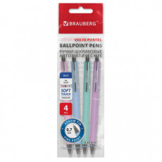 Ручки шариковые автоматические BRAUBERG VIVID PASTEL, СИНИЕ, НАБОР 4 ШТУКИ, soft-touch, пишущий узел 0,7 мм, линия письма 0,35 мм, 144408