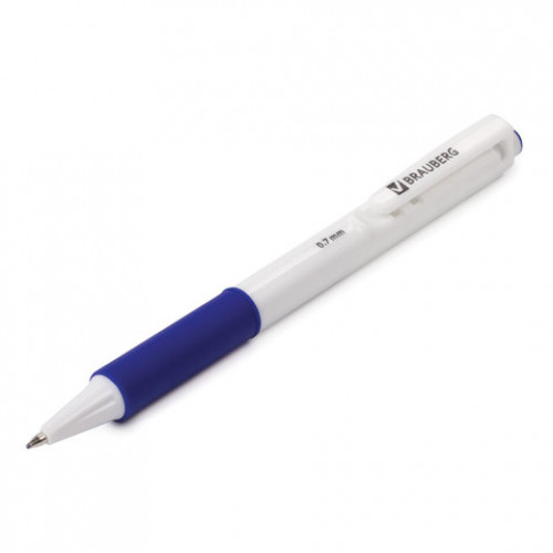 Ручка шариковая автоматическая с грипом BRAUBERG Blank, СИНЯЯ, корпус белый, узел 0,7 мм, линия письма 0,35 мм, 141153