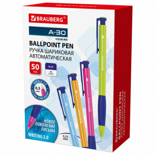 Ручка шариковая автоматическая BRAUBERG A-30 COLOR MIX WRITING 3.0, СИНЯЯ, пишущий узел 0,5 мм, линия письма 0,25 мм, 144341