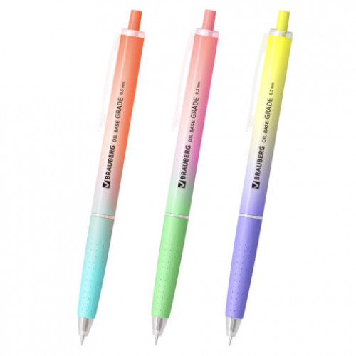 Ручка шариковая автоматическая BRAUBERG OIL-BASE GRADE, СИНЯЯ, корпус ассорти, пишущий узел 0,5 мм, линия письма 0,3 мм, 144501