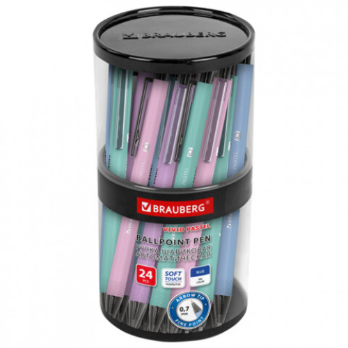 Ручка шариковая автоматическая BRAUBERG VIVID PASTEL, корпус soft-touch, СИНЯЯ, пишущий узел 0,7 мм, линия письма 0,35 мм, 144404