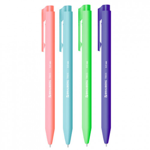 Ручка шариковая автоматическая BRAUBERG TRIOS BRIGHT COLOR, корпус ассорти, СИНЯЯ, пишущий узел 0,5 мм, линия письма 0,3мм, 144497