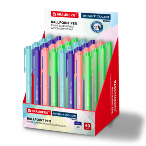 Ручка шариковая автоматическая BRAUBERG TRIOS BRIGHT COLOR, корпус ассорти, СИНЯЯ, пишущий узел 0,5 мм, линия письма 0,3мм, 144497
