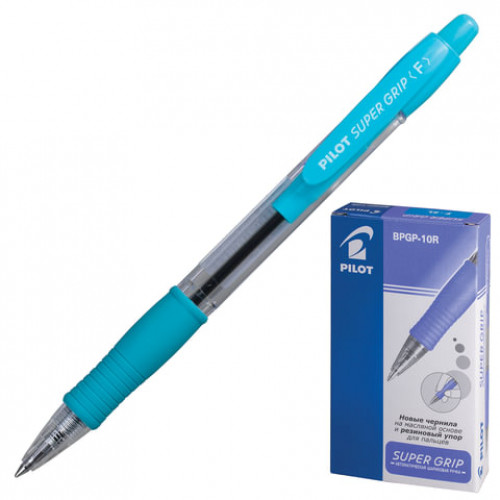 Ручка шариковая масляная автоматическая с грипом PILOT Super Grip, СИНЯЯ, голубые детали, узел 0,7 мм, линия письма 0,32 мм, BPGP-10R-F