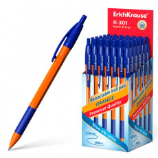 Ручка шариковая автоматическая с грипом ERICH KRAUSE R-301 Orange, СИНЯЯ, 1,0 мм, линия письма 0,5 мм, 46762