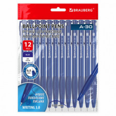 Ручки шариковые автоматические BRAUBERG A-30 WRITING 3.0, КОМПЛЕКТ 12 ШТ, СИНИЕ, пишущий узел 0,5 мм, линия письма 0,25 мм, 144340