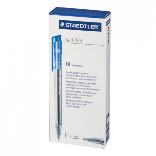 Ручка шариковая автоматическая STAEDTLER, СИНЯЯ, корпус прозрачный, узел 0,7 мм, линия письма 0,45 мм, 423 F-3