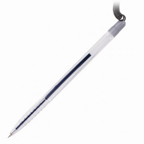 Ручка шариковая настольная BRAUBERG Counter Pen, СИНЯЯ, пружинка, корпус серебристый, 0,5 мм, 143258