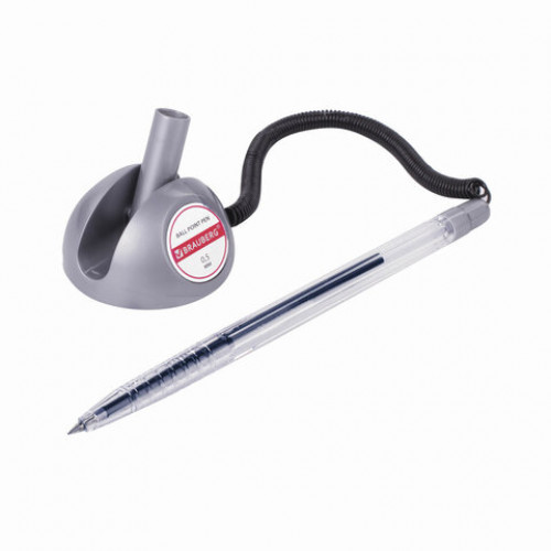 Ручка шариковая настольная BRAUBERG Counter Pen, СИНЯЯ, пружинка, корпус серебристый, 0,5 мм, 143258