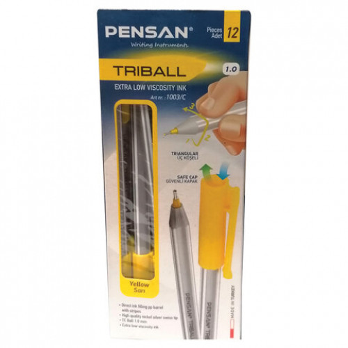 Ручка шариковая масляная PENSAN Triball, ЖЕЛТАЯ, трехгранная, узел 1 мм, линия письма 0,5 мм, 1003/12