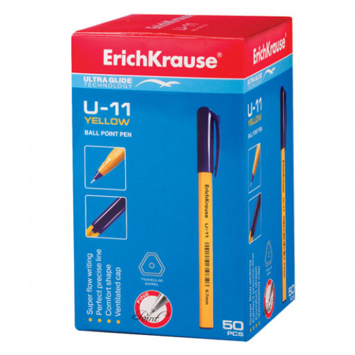 Ручка шариковая масляная ERICH KRAUSE Ultra Glide U-11, СИНЯЯ, корпус желтый, узел 0,7 мм, линия письма 0,35 мм, 37055