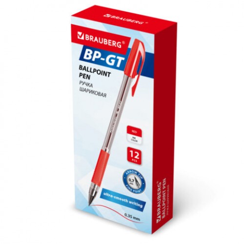 Ручка шариковая BRAUBERG BP-GT, КРАСНАЯ, корпус прозрачный, стандартный узел 0,7 мм, линия письма 0,35 мм, 144007