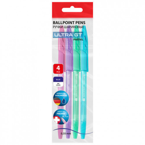 Ручки шариковые с грипом BRAUBERG ULTRA GT PASTEL, НАБОР 4 ШТУКИ, СИНИЕ, узел 0,7 мм, линия 0,35 мм, 144533
