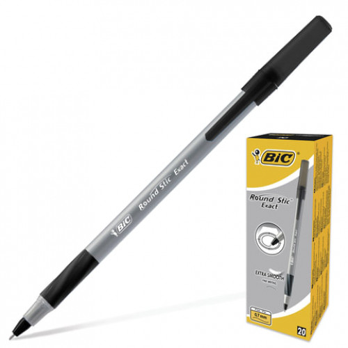 Ручка шариковая с грипом BIC Round Stic Exact, ЧЕРНАЯ, корпус серый, узел 0,8 мм, линия письма 0,3 мм, 918542