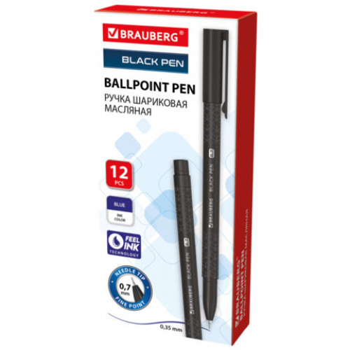 Ручка шариковая масляная BRAUBERG BLACK PEN, СИНЯЯ, игольчатый узел 0,7 мм, линия письма 0,35 мм, 144325