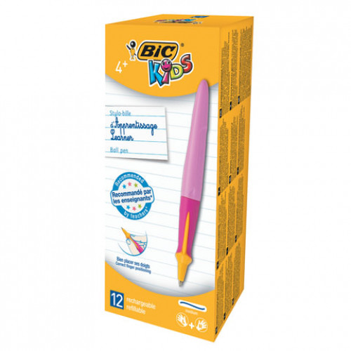 Ручка шариковая с грипом BIC Kids Twist, СИНЯЯ, для детей, корпус розовый, узел 1 мм, линия письма 0,32 мм, 918458