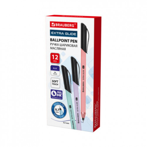 Ручка шариковая масляная BRAUBERG Extra Glide Softy EL, СИНЯЯ, корпус ассорти, игольчатый наконечник 0,7 мм, линия письма 0,5 мм, 144262