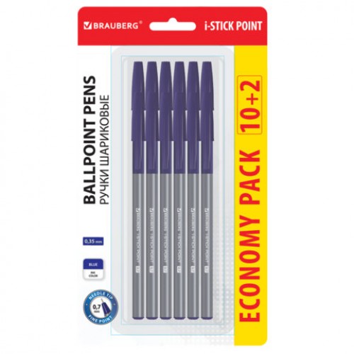 Ручки шариковые с грипом BRAUBERG i-STICK POINT, НАБОР 10+2 ШТ., СИНИЕ, линия письма 0,35 мм, блистер,144025