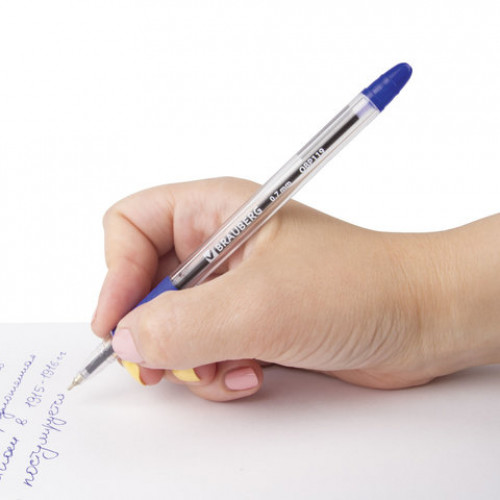 Ручка шариковая масляная с грипом BRAUBERG Glassy, СИНЯЯ, корпус прозрачный, узел 0,7 мм, линия письма 0,35 мм, 142698