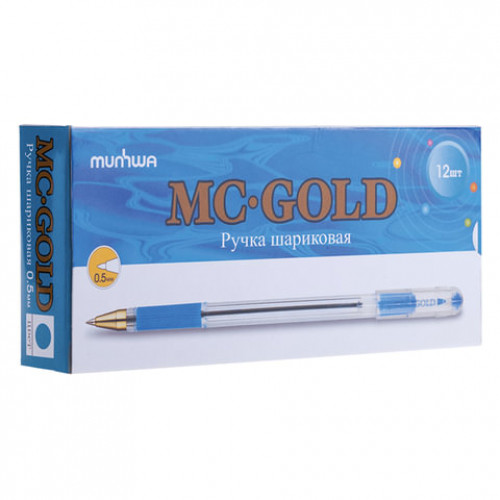 Ручка шариковая масляная с грипом MUNHWA MC Gold, ГОЛУБАЯ, корпус прозрачный, узел 0,5 мм, линия письма 0,3 мм, BMC-12