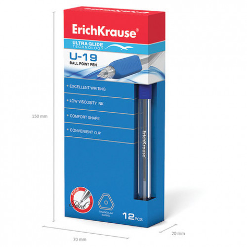 Ручка шариковая масляная с грипом ERICH KRAUSE Ultra Glide U-19, СИНЯЯ, узел 0,6 мм, линия письма 0,32 мм, 33519