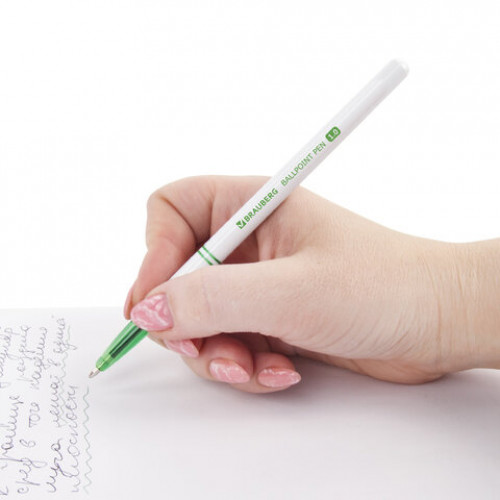 Ручка шариковая BRAUBERG Офисная, ЗЕЛЕНАЯ, корпус белый, узел 1 мм, линия письма 0,5 мм, 141511