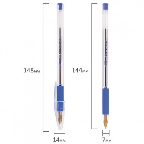 Ручка шариковая с грипом BIC Cristal Grip, СИНЯЯ, корпус прозрачный, узел 1 мм, линия письма 0,32 мм, 889985