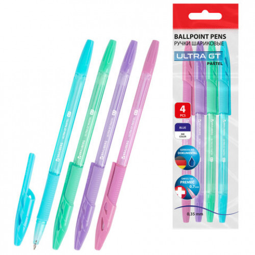 Ручки шариковые с грипом BRAUBERG ULTRA GT PASTEL, НАБОР 4 ШТУКИ, СИНИЕ, узел 0,7 мм, линия 0,35 мм, 144533