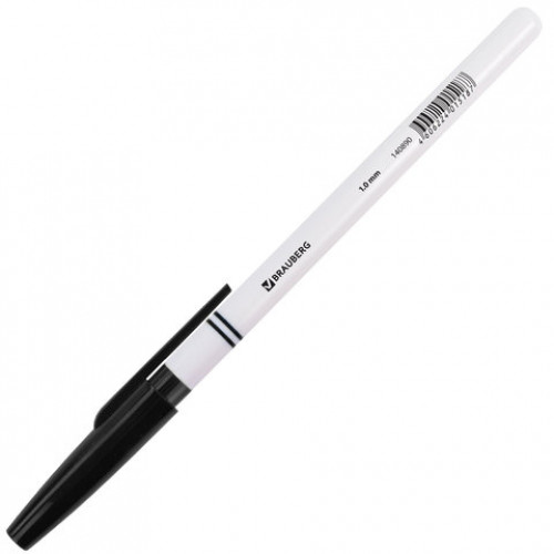 Ручка шариковая BRAUBERG Офисная, ЧЕРНАЯ, корпус белый, узел 1 мм, линия письма 0,5 мм, 140890