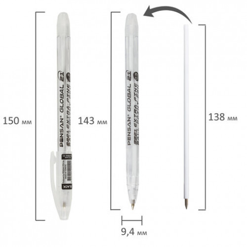 Ручка шариковая масляная PENSAN Global-21, ЧЕРНАЯ, корпус прозрачный, узел 0,5 мм, линия письма 0,3 мм, 2221