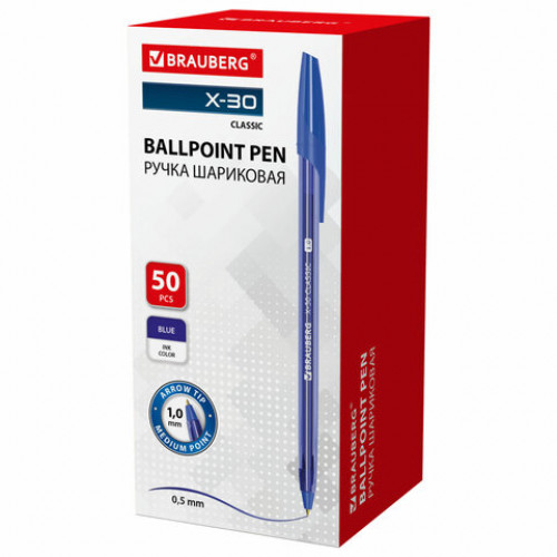Ручка шариковая BRAUBERG X-30 CLASSIC, СИНЯЯ, мягкое письмо, пишущий узел 1 мм, линия письма 0,5 мм, 144331
