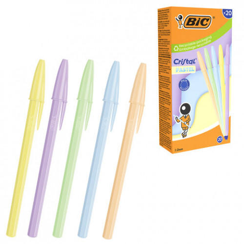 Ручка шариковая BIC Cristal Pastel, СИНЯЯ, корпус ассорти, узел 1,0 мм, линия 0,32 мм, 302550