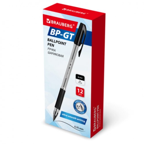 Ручка шариковая BRAUBERG BP-GT, ЧЕРНАЯ, корпус прозрачный, стандартный узел 0,7 мм, линия письма 0,35 мм, 144006