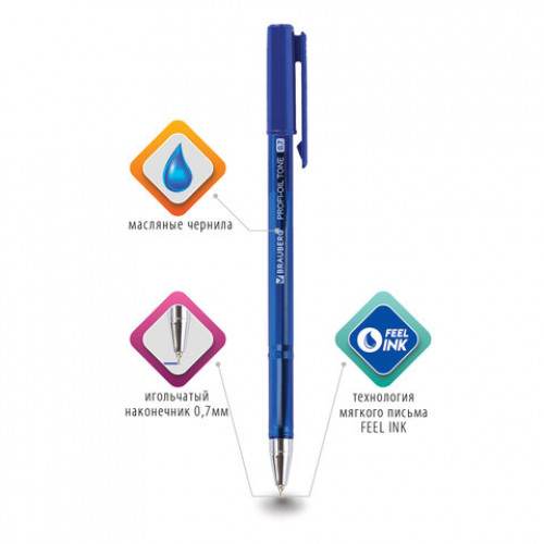 Ручка шариковая масляная BRAUBERG PROFI-OIL TONE, СИНЯЯ, узел 0,7 мм, линия письма 0,35 мм, 143459