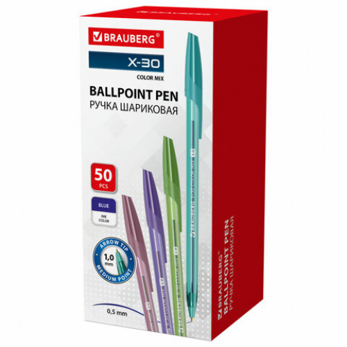 Ручка шариковая BRAUBERG X-30 COLOR MIX, СИНЯЯ, мягкое письмо, пишущий узел 1 мм, линия письма 0,5 мм, 144335