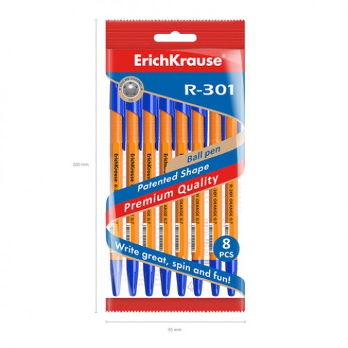 Ручки шариковые ERICH KRAUSE R-301 Stick Orange, СИНИЕ, набор 8 штук, 0,7мм, 56614