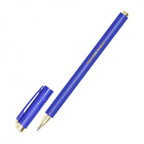 Ручка шариковая масляная BRAUBERG Techno-X GLD, СИНЯЯ, корпус синий, золотистые детали, линия 0,5 мм, 144223