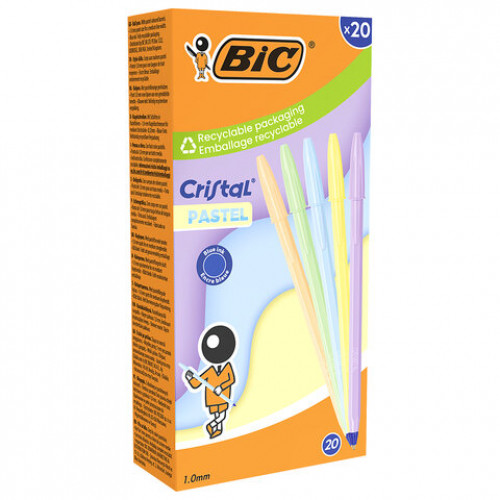 Ручка шариковая BIC Cristal Pastel, СИНЯЯ, корпус ассорти, узел 1,0 мм, линия 0,32 мм, 302550