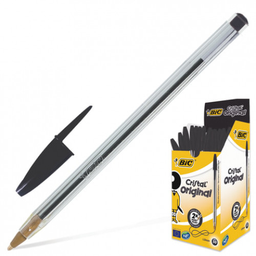 Ручка шариковая BIC Cristal, ЧЕРНАЯ, корпус прозрачный, узел 1 мм, линия письма 0,32 мм, 847897