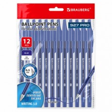 Ручки шариковые BRAUBERG 927 PRO WRITING 3.0, КОМПЛЕКТ 12 ШТ., СИНИЕ, пишущий узел 0,5 мм, линия письма 0,25 мм, 144338