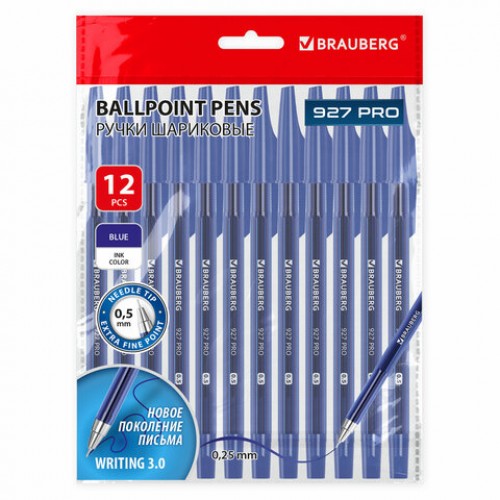 Ручки шариковые BRAUBERG 927 PRO WRITING 3.0, КОМПЛЕКТ 12 ШТ., СИНИЕ, пишущий узел 0,5 мм, линия письма 0,25 мм, 144338