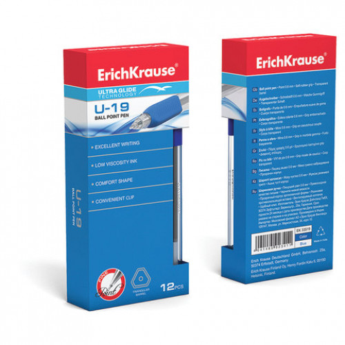 Ручка шариковая масляная с грипом ERICH KRAUSE Ultra Glide U-19, СИНЯЯ, узел 0,6 мм, линия письма 0,32 мм, 33519