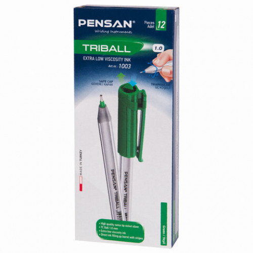 Ручка шариковая масляная PENSAN Triball, ЗЕЛЕНАЯ, трехгранная, узел 1 мм, линия письма 0,5 мм, 1003/12